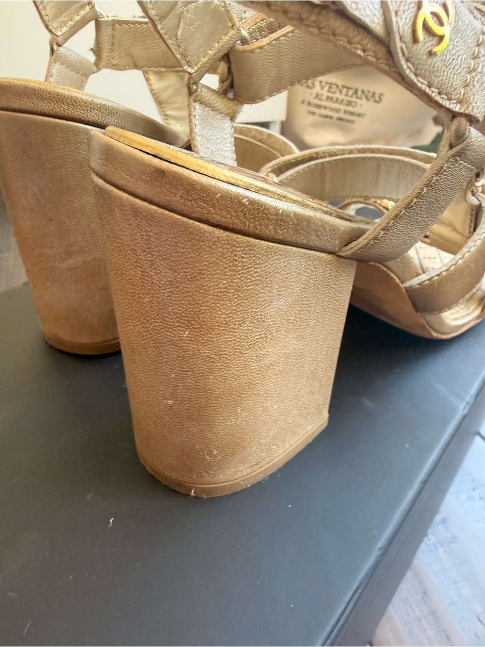 CHANEL Gold Quilted Chain-Trim Heel Strap Sandals with box - Picture 6 of 6